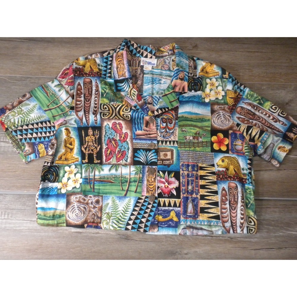 Reyn Spooner Hawaiian Shirt Womens XL AOP Patchwork Tropical Tiki Aloha Vintage